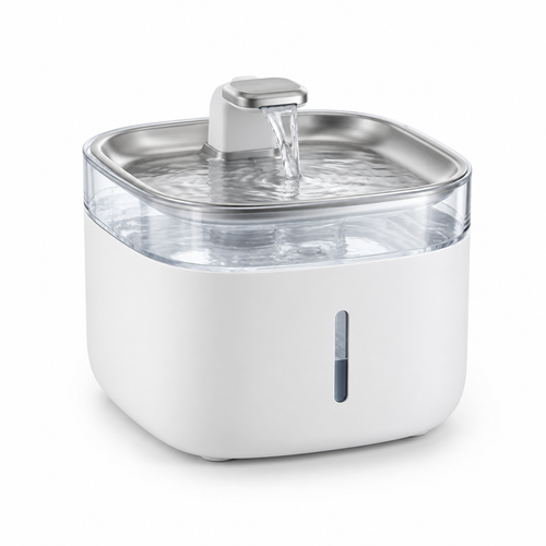 White smart pet water fountain with stainless steel tray on a white background