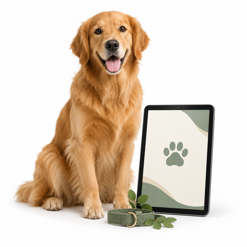 Golden retriever beside a tablet representing a digital pet training guide on a white background