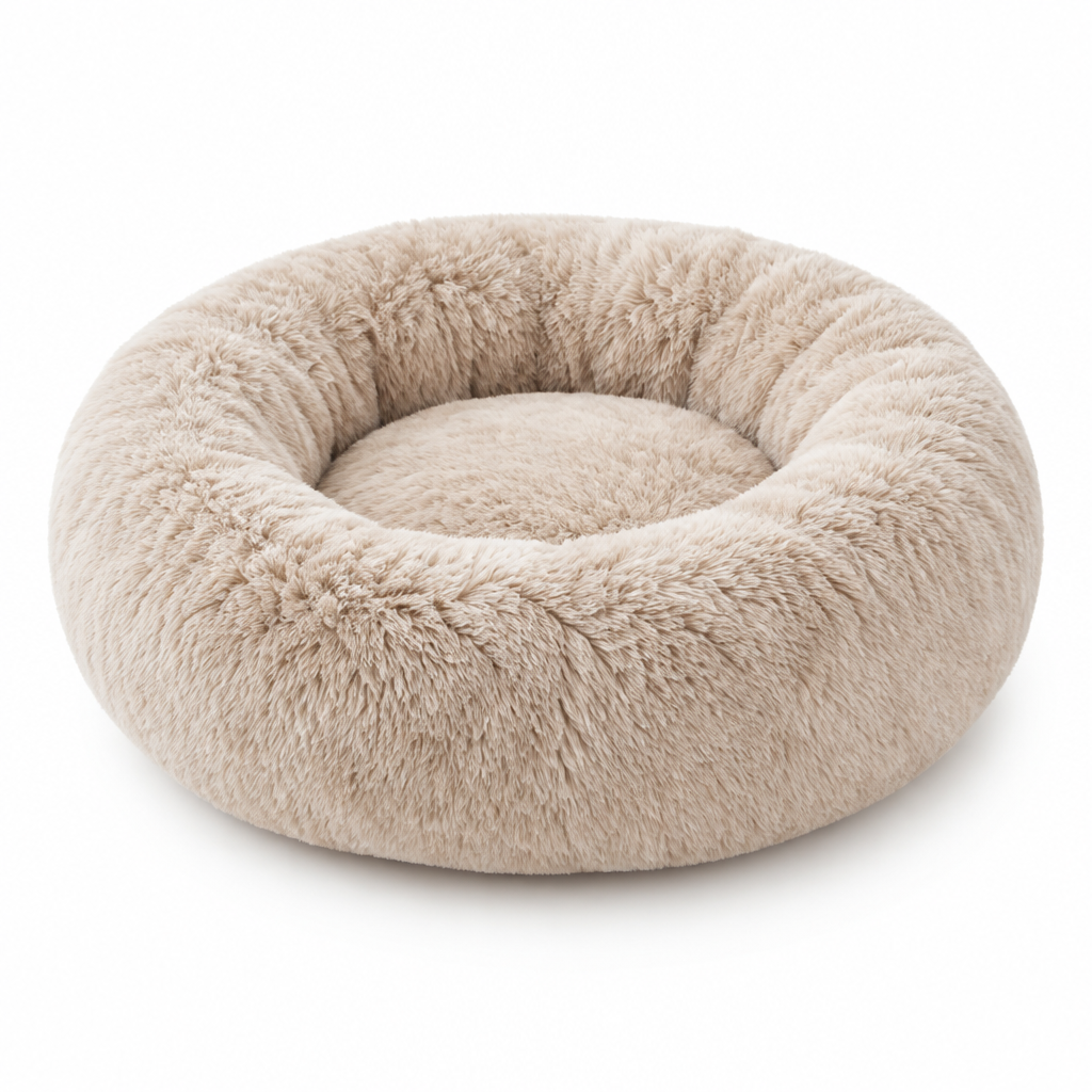 Oatmeal beige round calming pet bed with raised rim on a white background